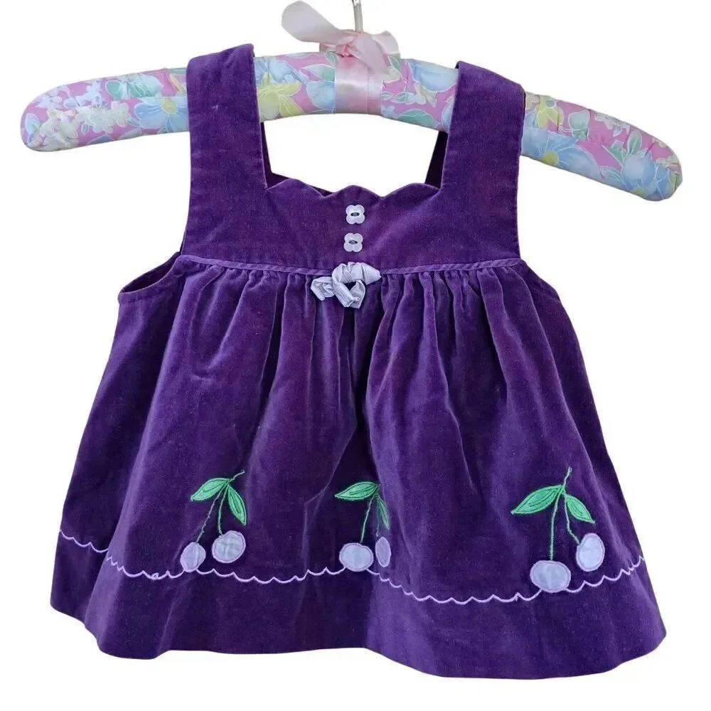 Vintage Purple Velour Baby jumper Dress With Cherry Embroidery 18 Months